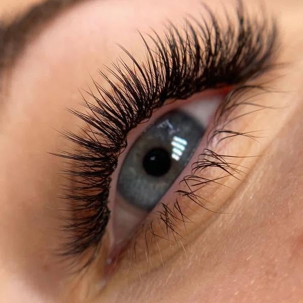 Close-up of a volume lash set showing individual extensions along the lash line
